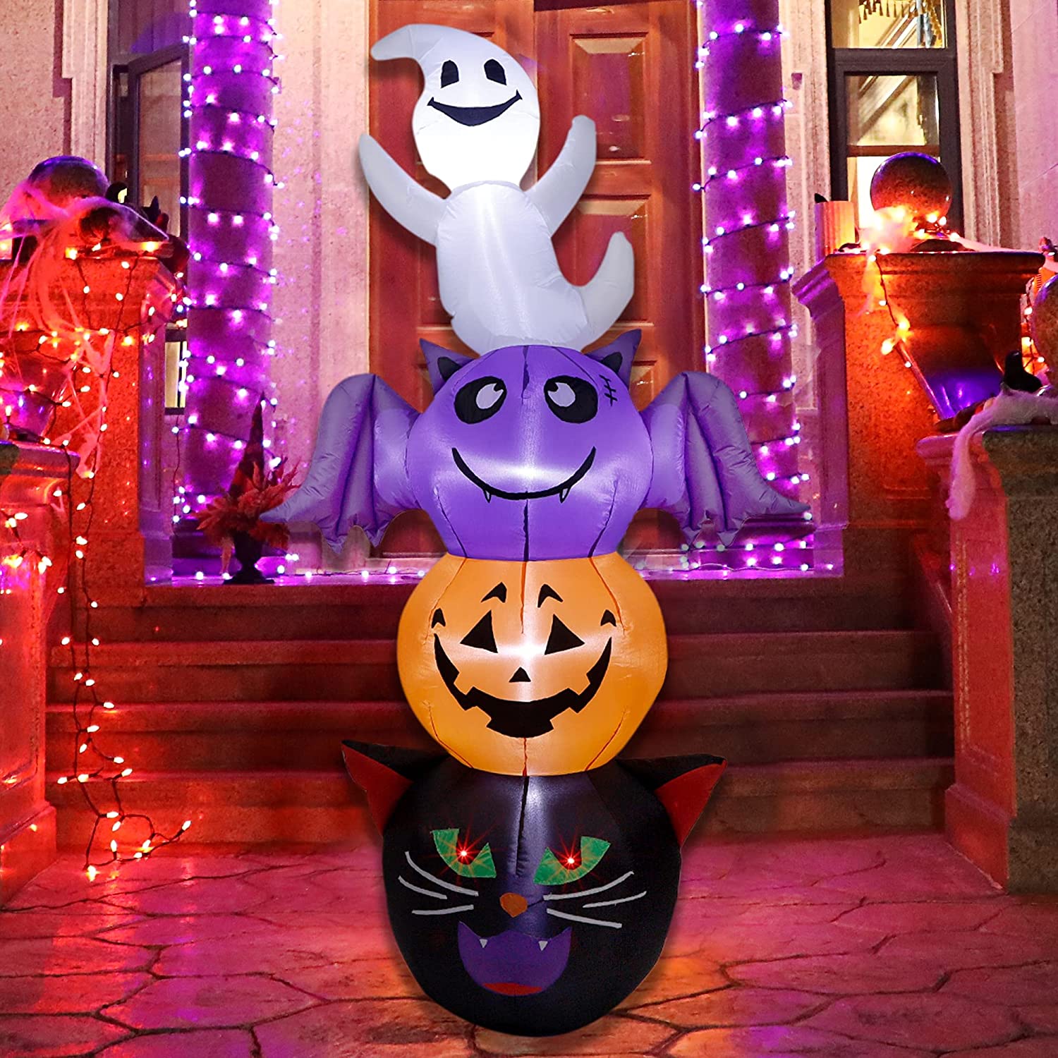 Prsildan Halloween Inflatable 6 Ft Ghost Pumpkin Bat Black Cat, Stacked Figures LED Lights Blow up Outdoor Decoration for Garden Yard Lawn