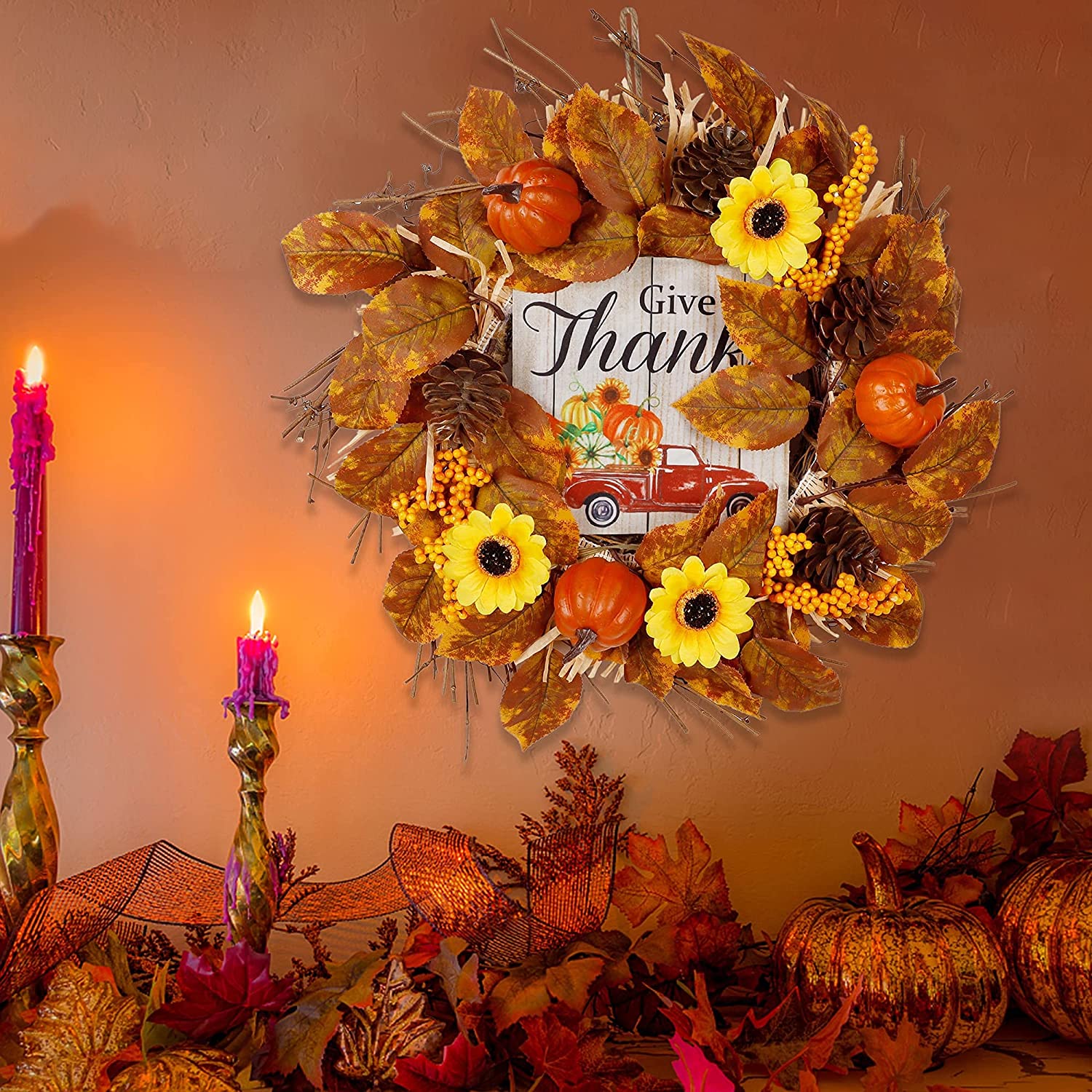 Prsildan Fall Wreath for Front Door, 16 Inch Thanksgiving Decoration Wreath with Pumpkin Sunflowers Pine Cone, Artificial Leaves Autumn Wreath with Give Thanks Sign for Wall Indoor Outdoor