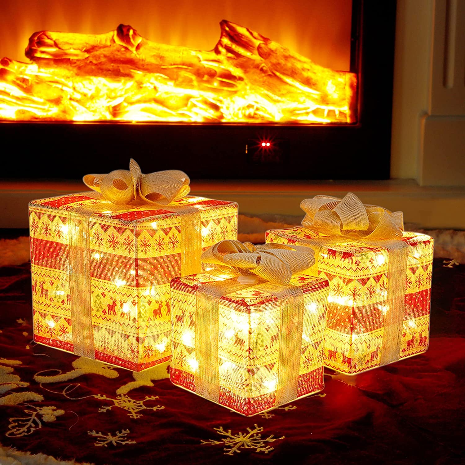 Prsildan Set of 3 Christmas Lighted Gift Boxes Decorations, Warm White LED Lights Ornament with Bows for Christmas Tree Indoor Outdoor Home Holiday Party Decor