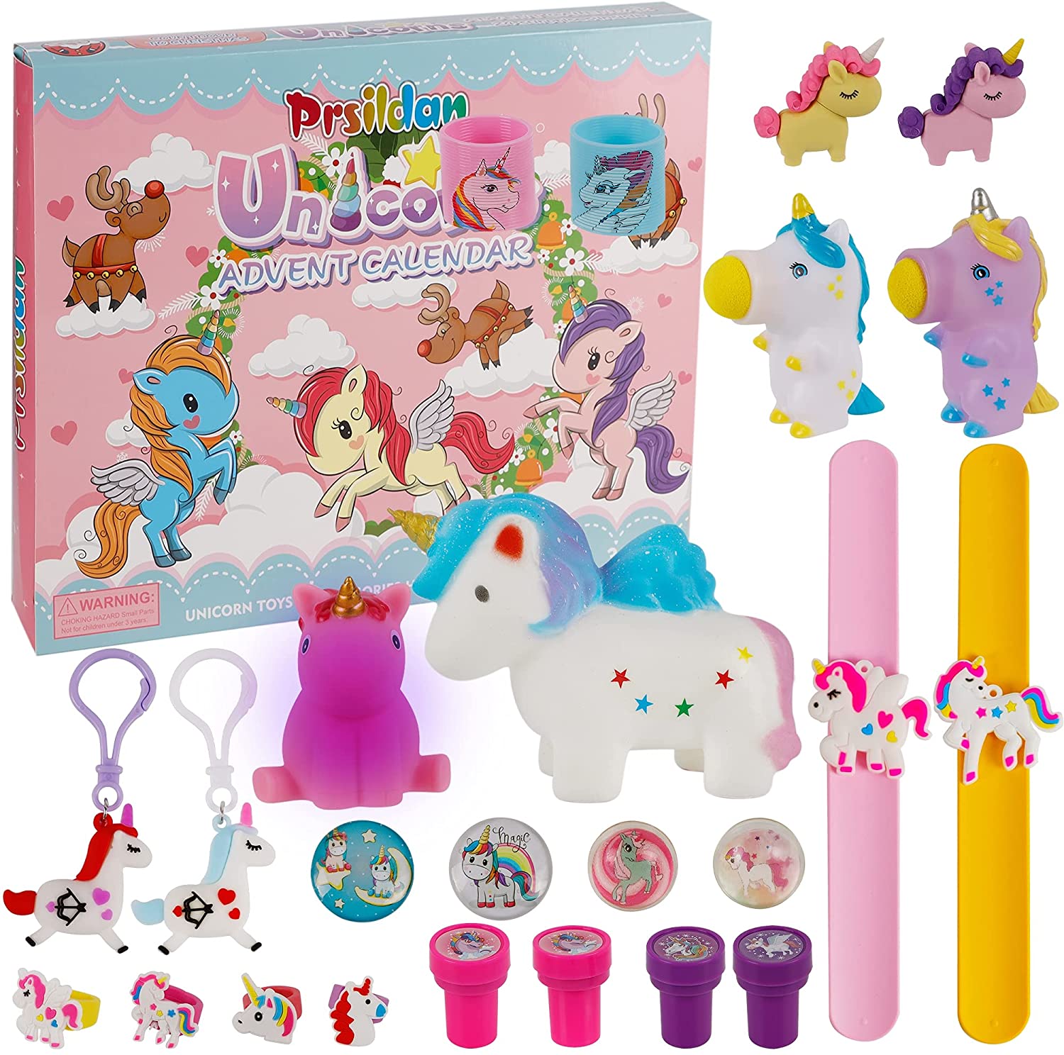 Prsildan Christmas 24 Days Countdown 2021 Advent Calendar, 24 Pcs Unicorn Accessories Including Squishy Toy, Light up Bath Toy, Stamps, Eraser, Rings Xmas Gift for Kids Boys Girls
