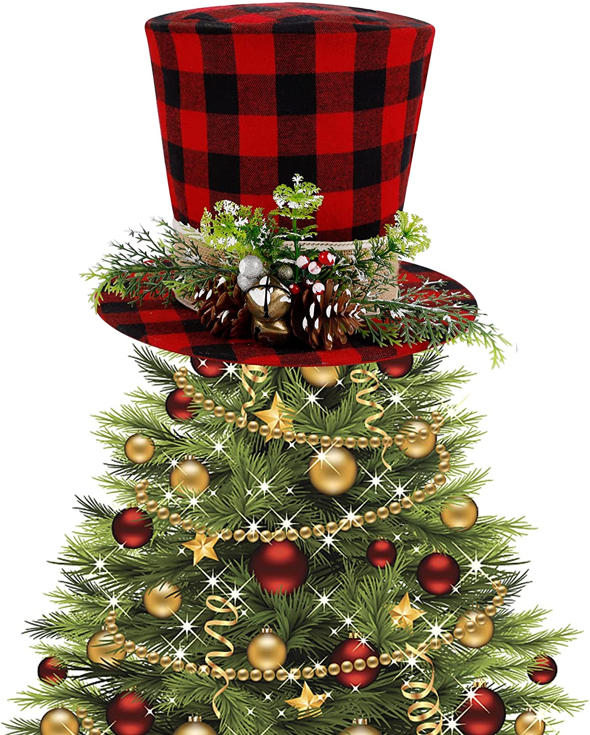 Prsildan Christmas Tree Topper Hat, Red Black Buffalo Plaid Check Top Hat with Artificial Pine Cone Berries and Bells, Christmas Home Decorations for Xmas Tree Snowman, Desktop Ornaments Holiday Decor